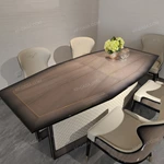 Angled Top Dining Table with Diamond-Quilted Leather Pedestal and Gold Inlay